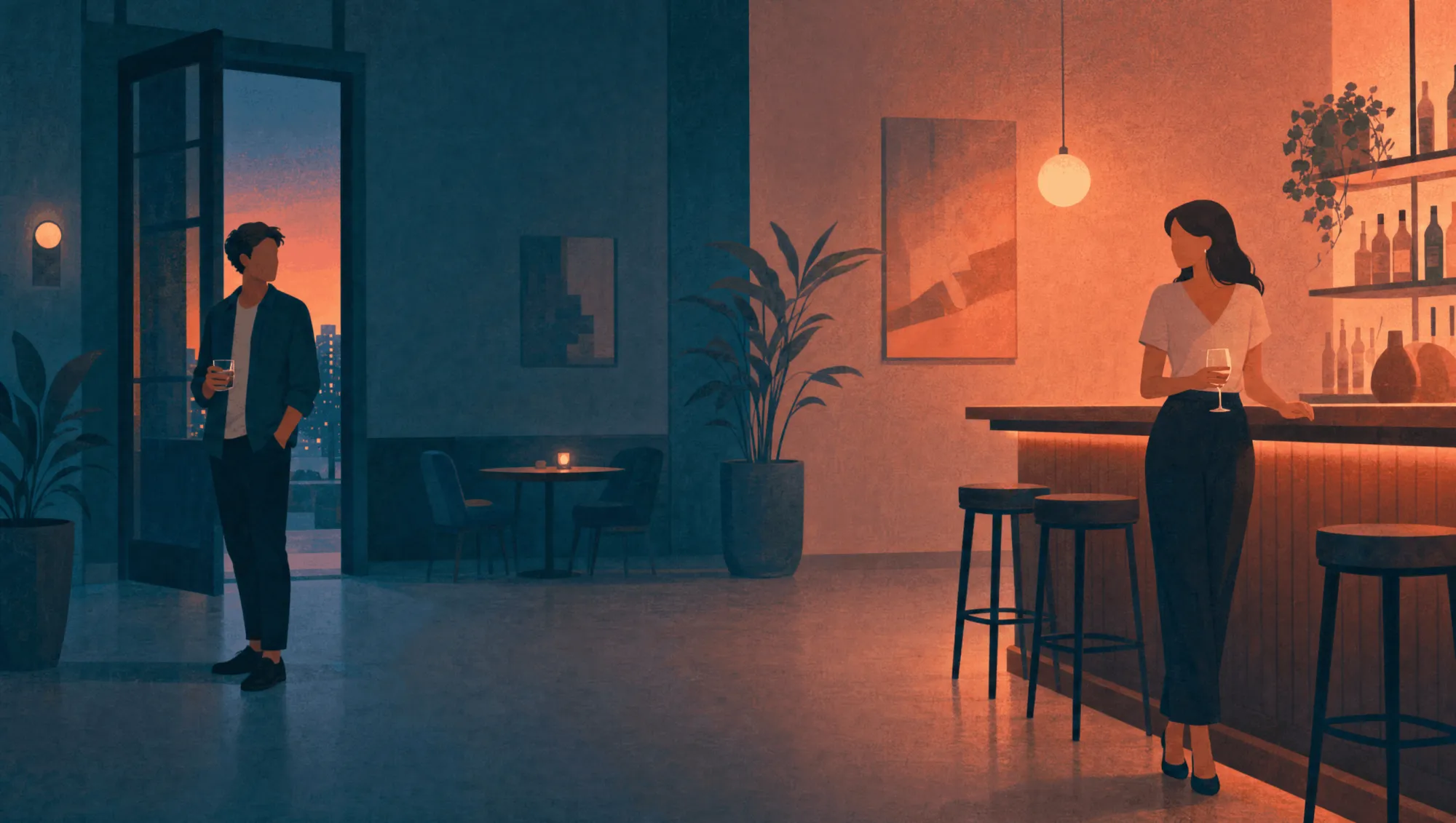 A man stands alone across the bar from a woman