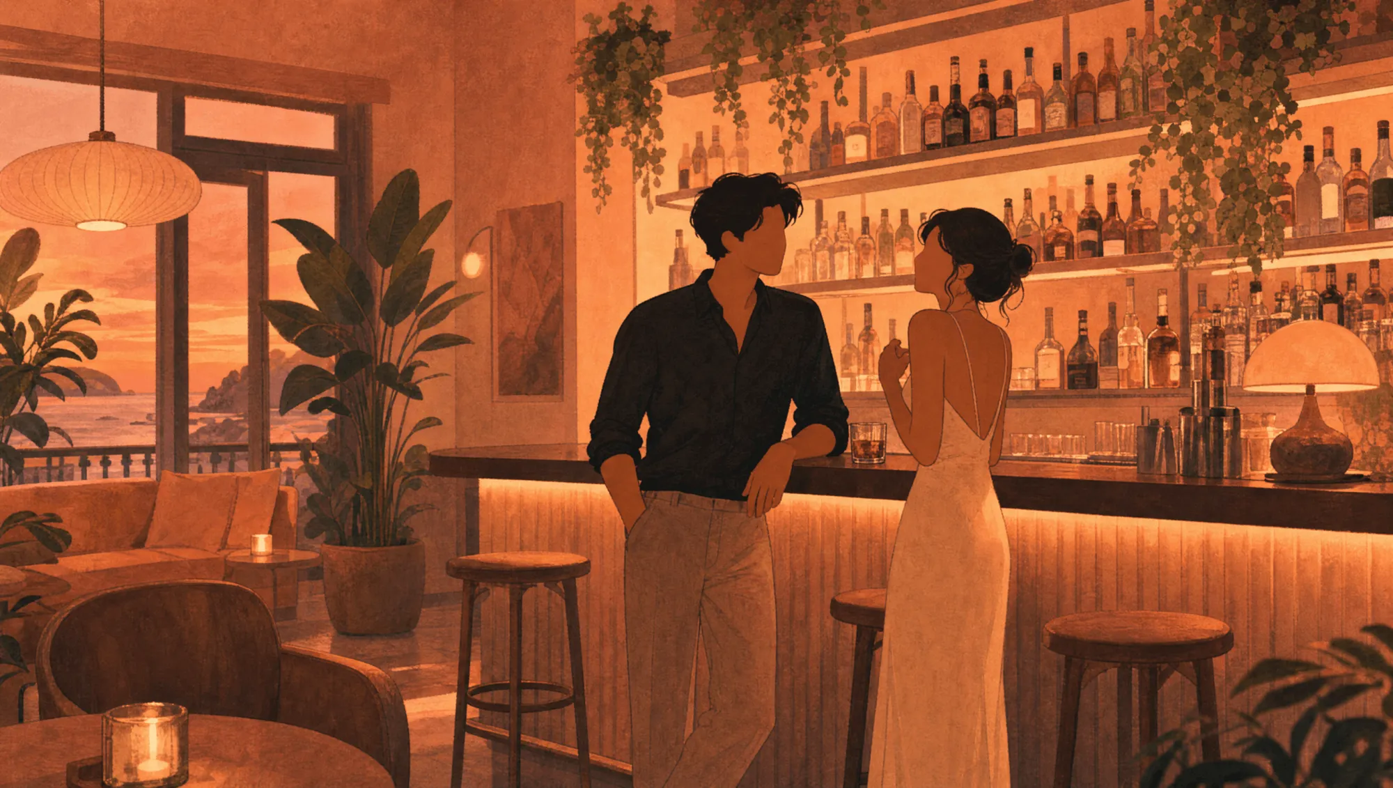 A man and a woman talk and laugh at a bar