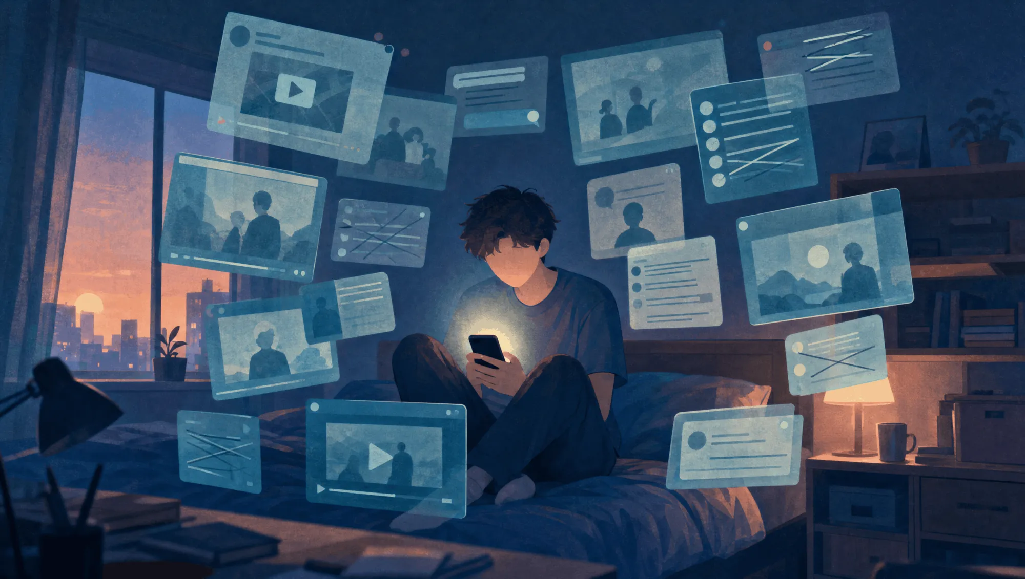 A man sits on his bed at night surrounded by floating videos and tips