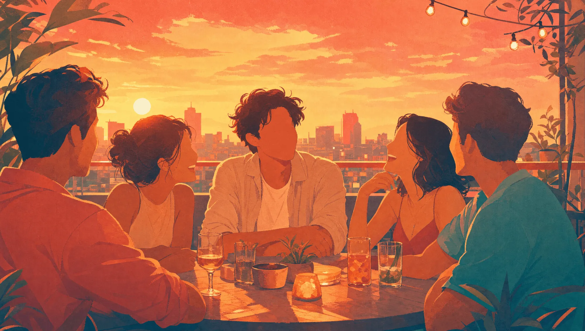 A man laughs with friends on a rooftop at sunset